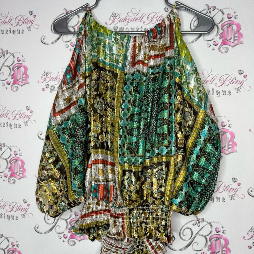 Costa Blanca open shoulder blouse top shirt paisley boho silky shimmer keyhole - Picture 10 of 12